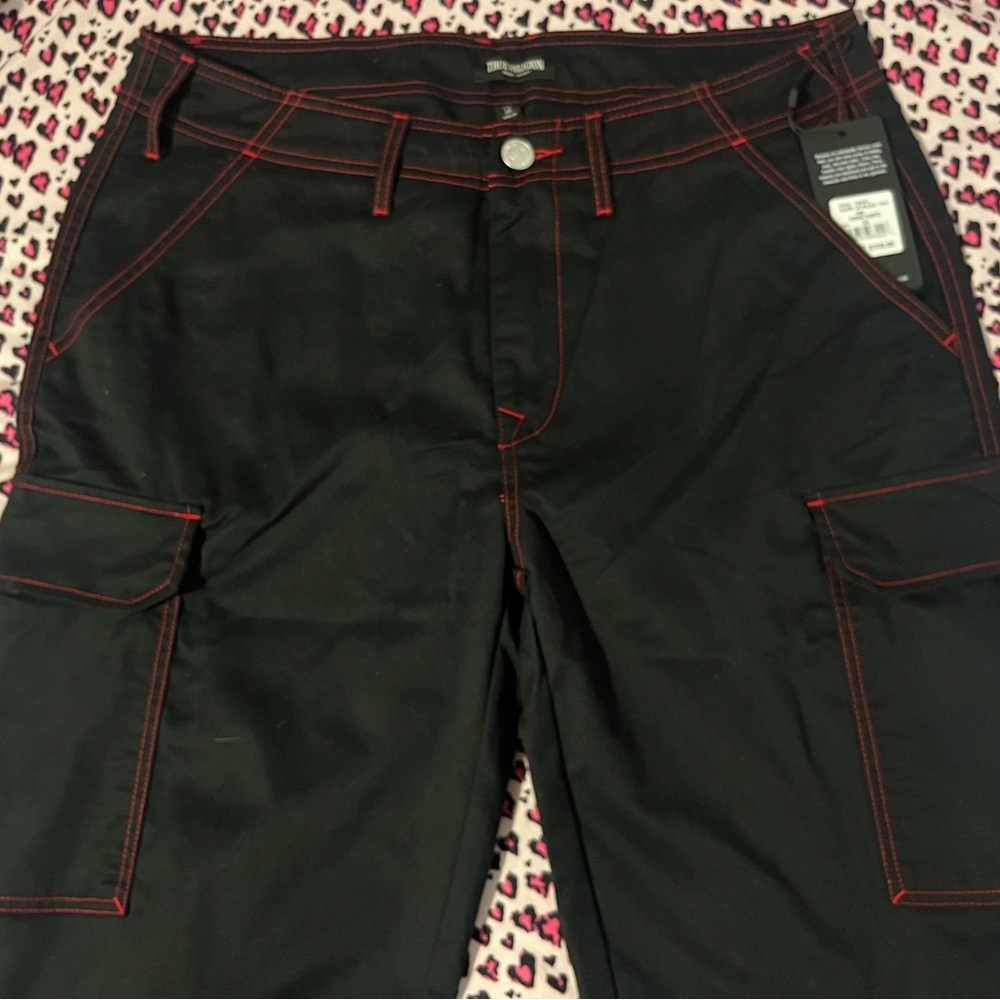 Brand new True Religion Black Cargo Pants with Bold Red Stitching